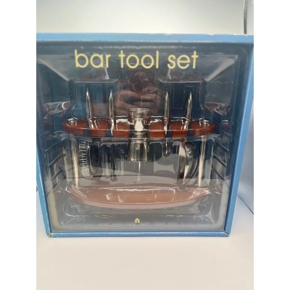 Michael Graves Design Bar Tool Set Wood Caddy Stainless Steel 7 Piece NIB 2003